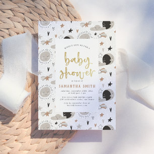 Sun, Moon & Stars Gold Gender Neutral Baby Shower Invitation