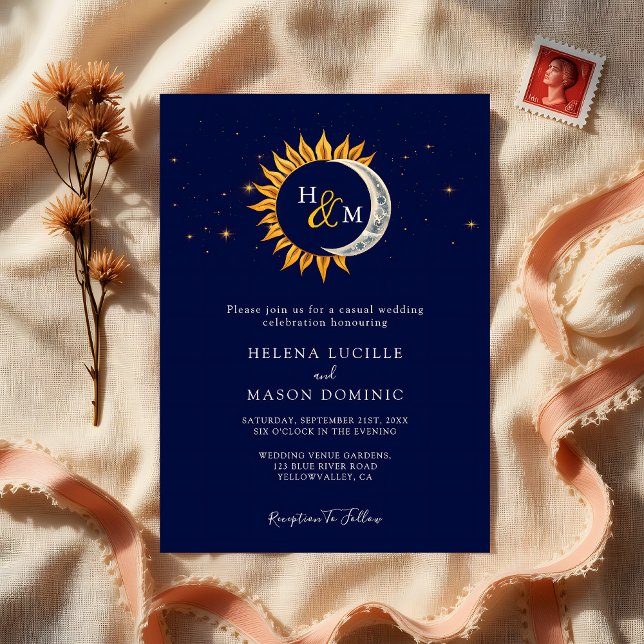 Sun Moon Stars Monogram Navy Blue Wedding Invitation (Creator Uploaded)
