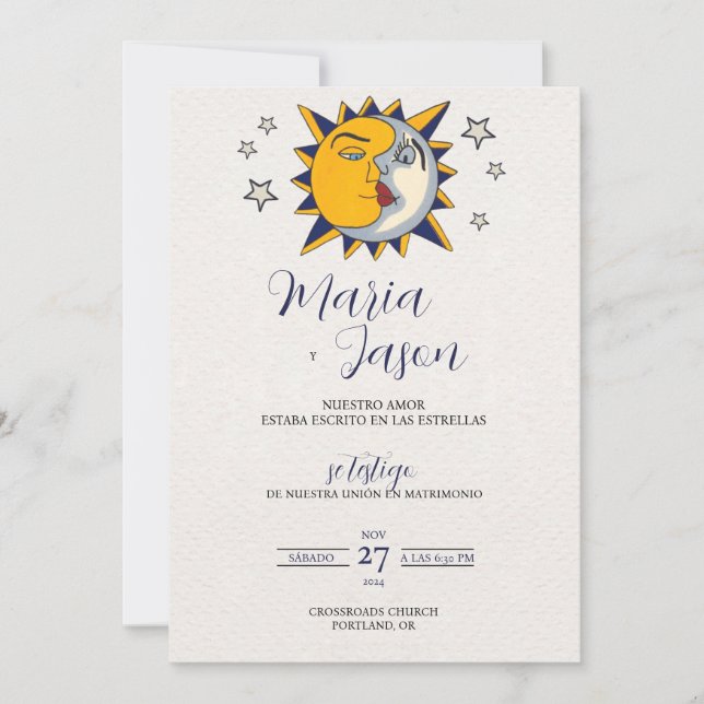 Sun Moon Stars Mystical Celestial Spanish Wedding Invitation (Front)