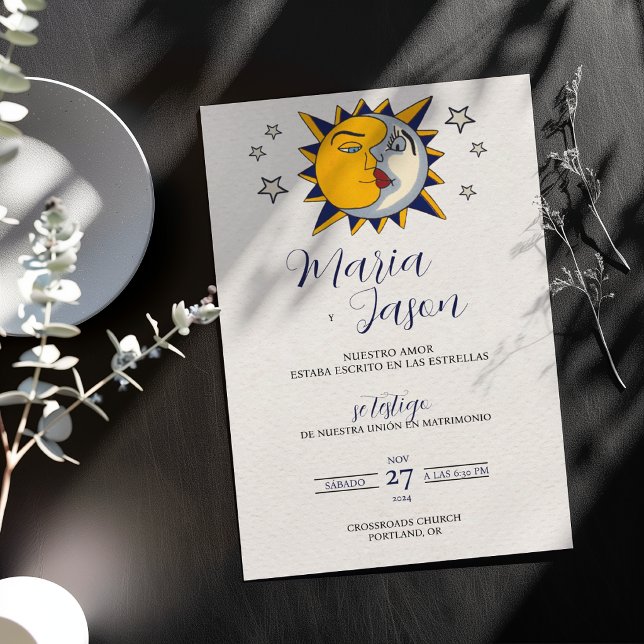 Sun Moon Stars Mystical Celestial Spanish Wedding Invitation (Sun Moon Stars Mystical Celestial Spanish Wedding Invitation)