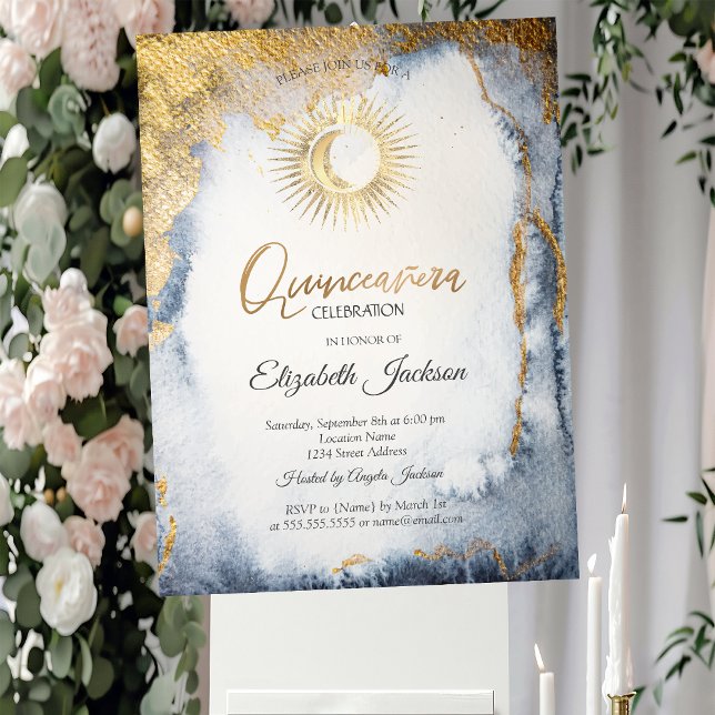  Sun,Moon,Stars Watercolor Gold Quinceanera Invitation (Creator Uploaded)