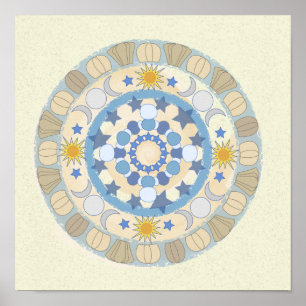 Sun Moon Stars Yellow and Blue Mandala Print