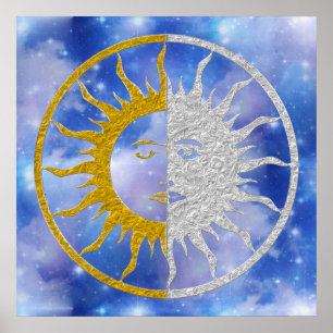 SUN & MOON Symbol - gold silver Sky Poster