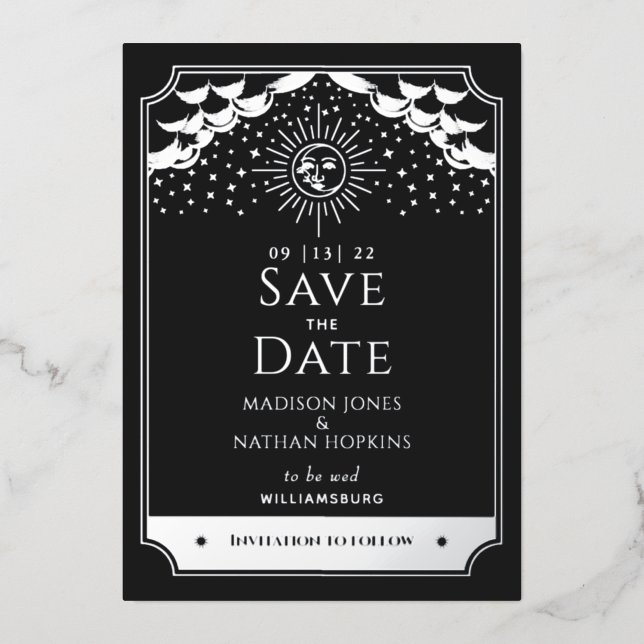 Sun Moon Tarot Wedding Silver Black Save the Date  (Front)