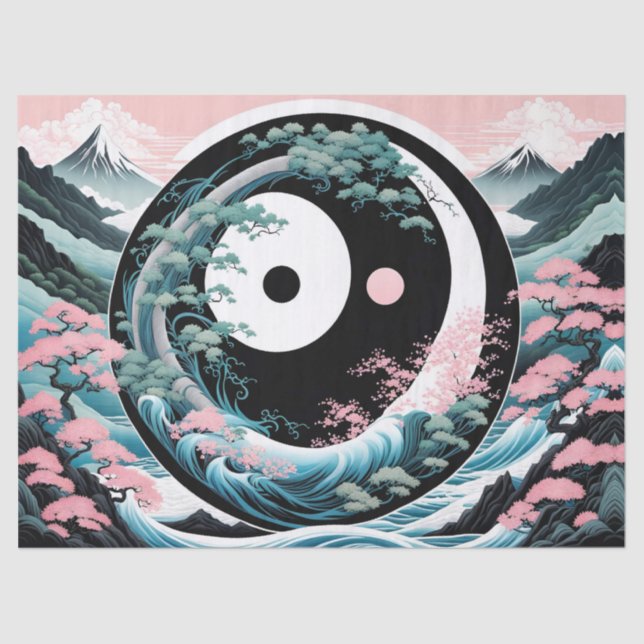 Sun Moon Wave Floral Mountain Pink Sage Teal Tissue Paper (Front)