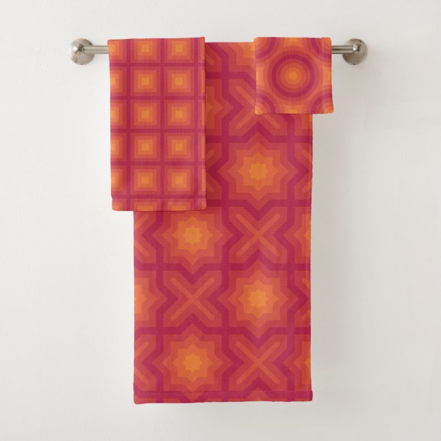 Sun Orange Viva Magenta Patterns Bath Towel Set (Insitu)