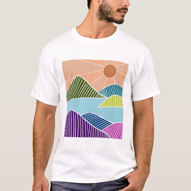 Sun over a river and mountains landscape T-Shirt (Front)