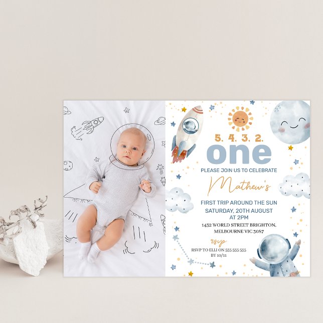 Sun Photo First Trip Around the Sun 1st Birthday  Invitation (Cute first trip around the sun 1st birthday invitation featuring a small sun and photo on the front.)