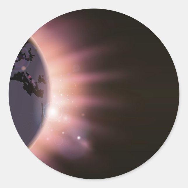 Sun rays burst over the globe classic round sticker (Front)