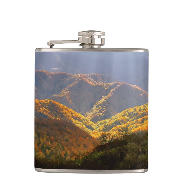 Sun Rays Over Shirakami-Sanchi Mountains Hip Flask (Front)