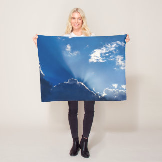 Sun Rays Wall Art Blue Sky Minimalist Clouds Fleece Blanket