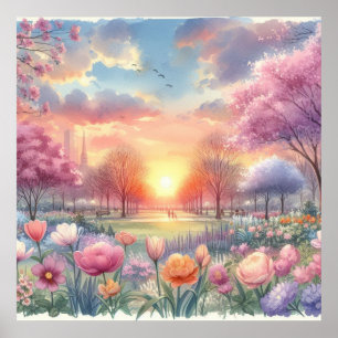 Sun rise in a park with flowers pastel watercolor poster