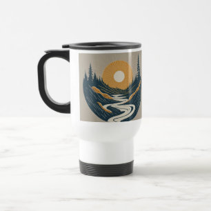 Sun rises between river travel mug