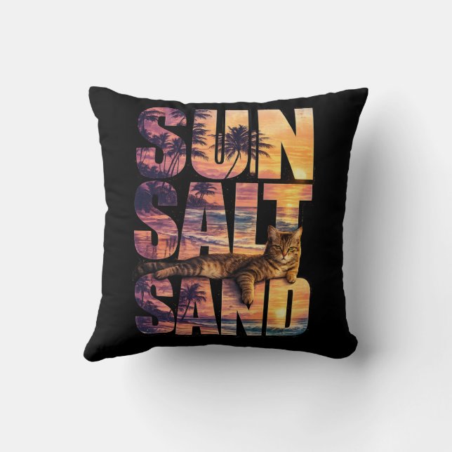 Sun Salt Sand Beach Cat Sunset Black Cushion (Back)
