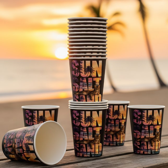 Sun Salt Sand Beach Cat Sunset Black Paper Cups (Creator Uploaded)