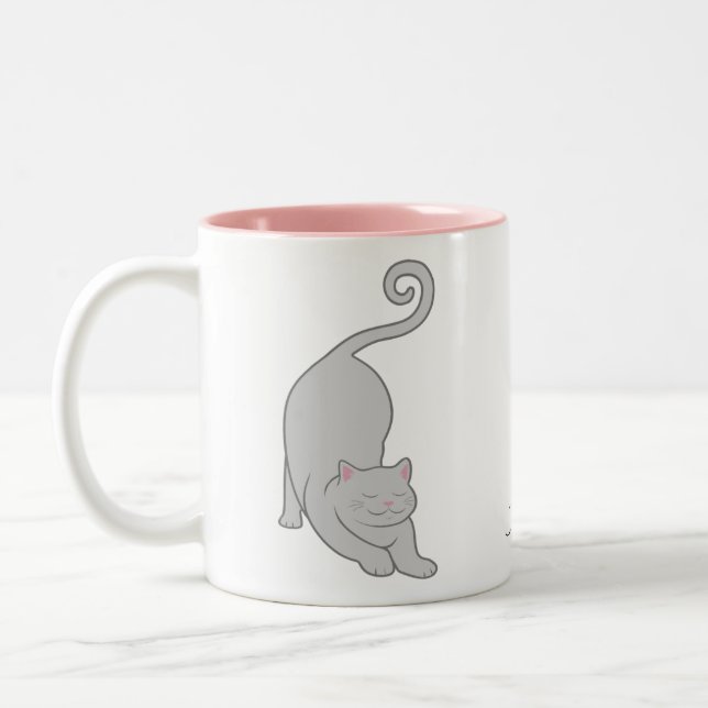 Sun salutation downward grey kitty cat yoga Two-Tone coffee mug (Left)