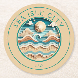 Sun Sand Surf Coastal Beach Paper Art Round Paper Coaster