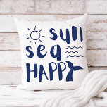 Sun Sea Happy Whale Waves Beach Typography Cushion<br><div class="desc">Fun,  beach theme cotton throw pillow features "sun sea happy" typography in nautical navy blue with a whale tail,  ocean waves and sunshine doodles. Perfect for coastal and tropical decor styles and vacation home rentals.</div>