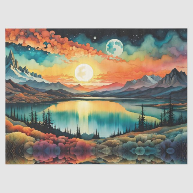 Sun set as the Moon Rises Over Mountains  Tissue Paper (Front)
