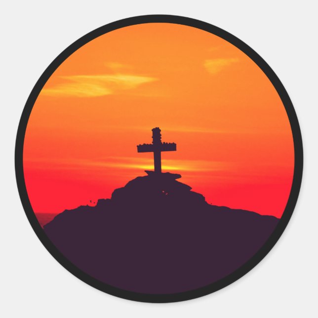 Sun setting on the cross, beautiful sunset classic round sticker (Front)