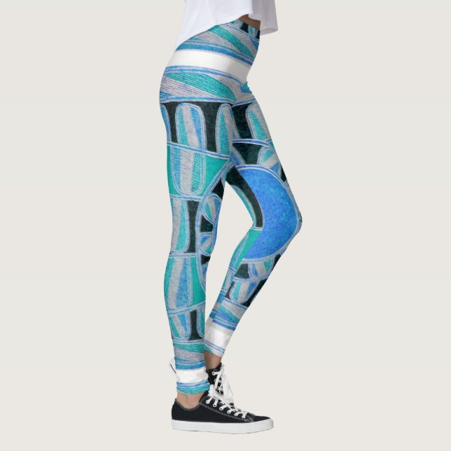 SUN SOLAR ENERGY Abstract Geometric Teal Sky Blue Leggings (Right)