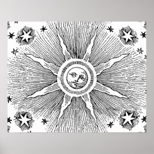Sun Stars Antique Night Sky Mediaeval Zodiac Poster