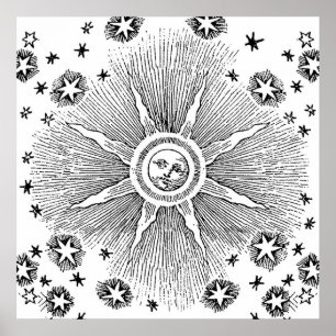 Sun Stars Antique Night Sky Medieval Zodiac Poster