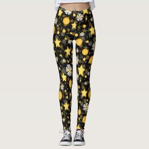 Sun Stars Flowers Glitter Black Design Leggings