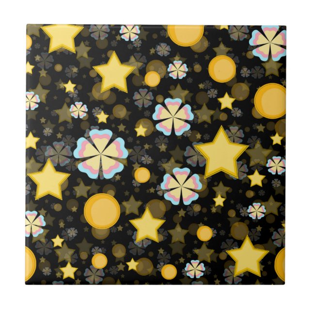 Sun Stars Flowers Glitter Black Design  Tile (Front)