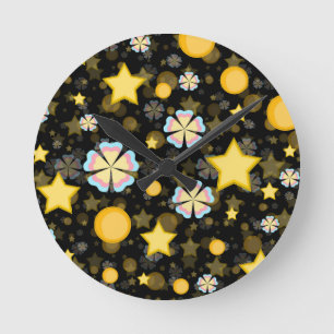 Sun Stars Flowers Glitters Pattern Design Round Clock