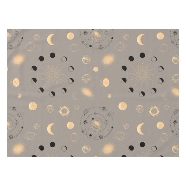 Sun stars moon phases planets black gold on tan  tablecloth (Front (Horizontal))