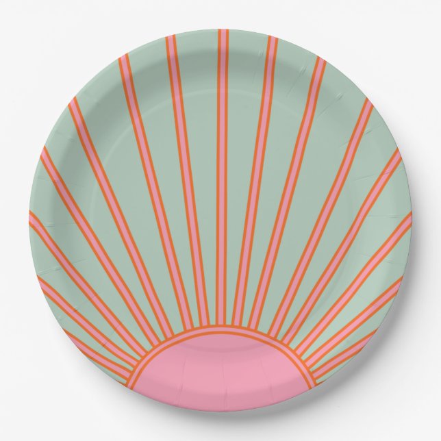 Sun Sunrise Green And Pink Abstract Retro Sunshine Paper Plate (Front)