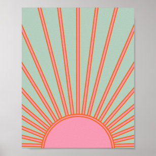 Sun Sunrise Green And Pink Abstract Retro Sunshine Poster