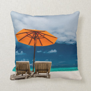 Sun Umbrella On Sandy Beach  Maldives Cushion