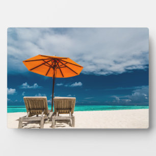 Sun Umbrella On Sandy Beach Maldives Plaque