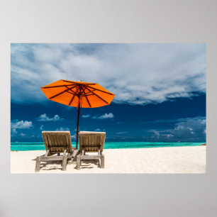 Sun Umbrella On Sandy Beach Maldives Poster