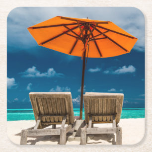Sun Umbrella On Sandy Beach Maldives Square Paper Coaster