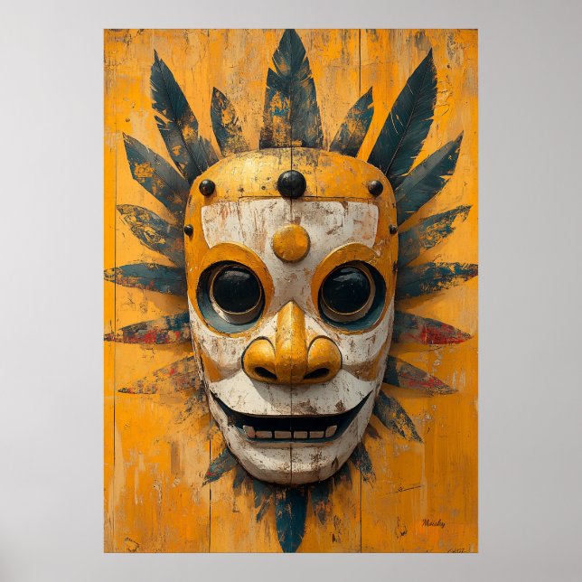Sun Warrior Mask – Mesoamerican Ritual Symbol Poster (Front)