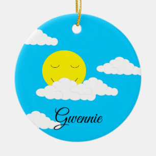 Sun with Puffy Clouds:  Turquoise Ceramic Tree Decoration
