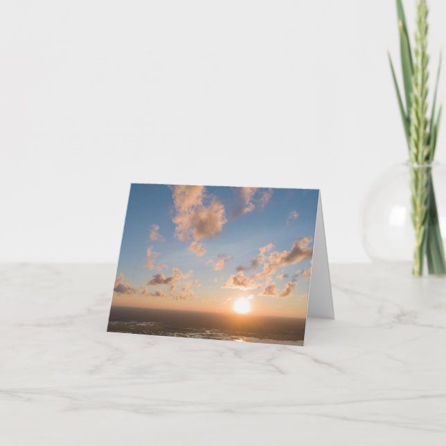 Sunbeams, Sunrise, Blue Sky, Fluffy Clouds Image Card (Front)