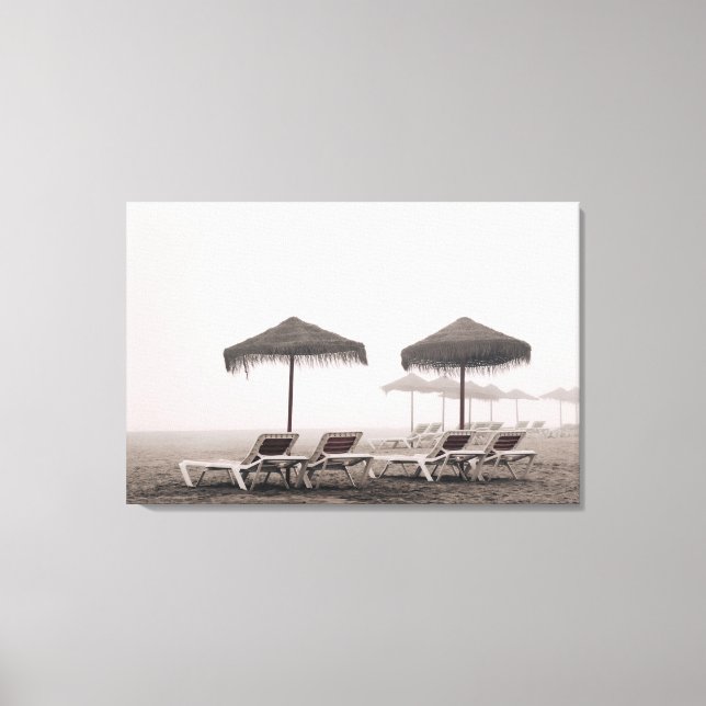 Sunbeds And Umbrella On Playamar Beach Canvas Print (Front)