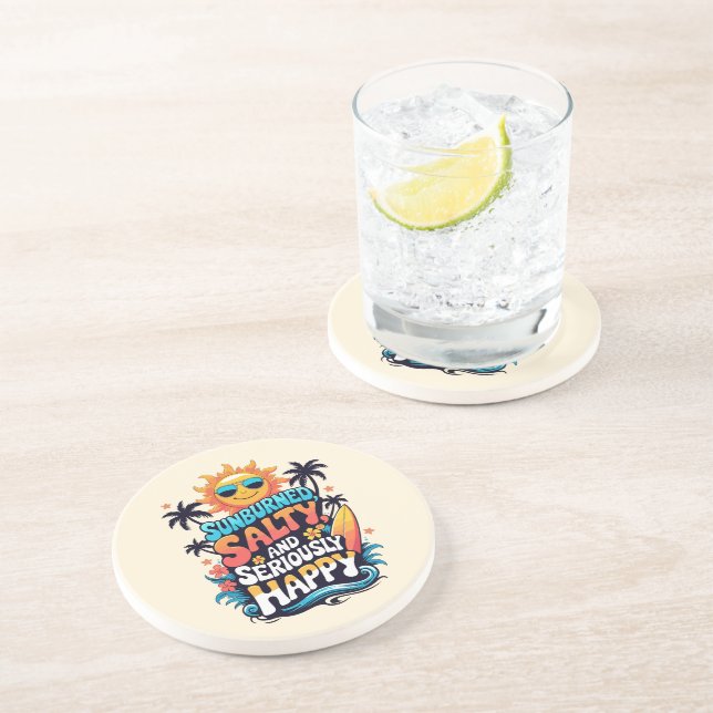 Sunburned Salty and Happy – Retro Beach Vibes Coaster (Side)