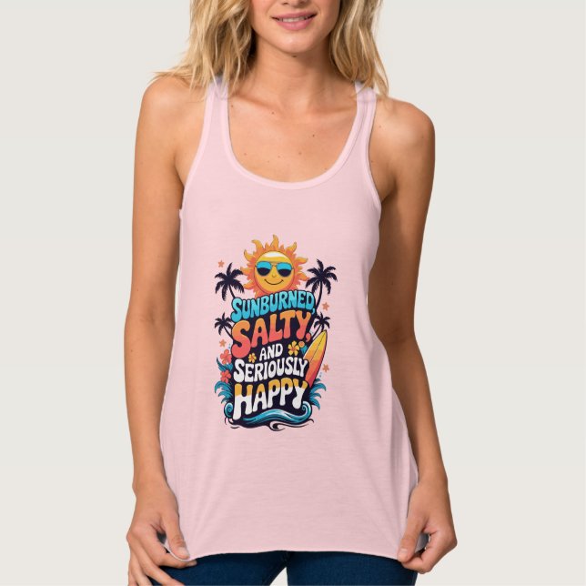 Sunburned Salty and Happy – Retro Beach Vibes Singlet (Front)