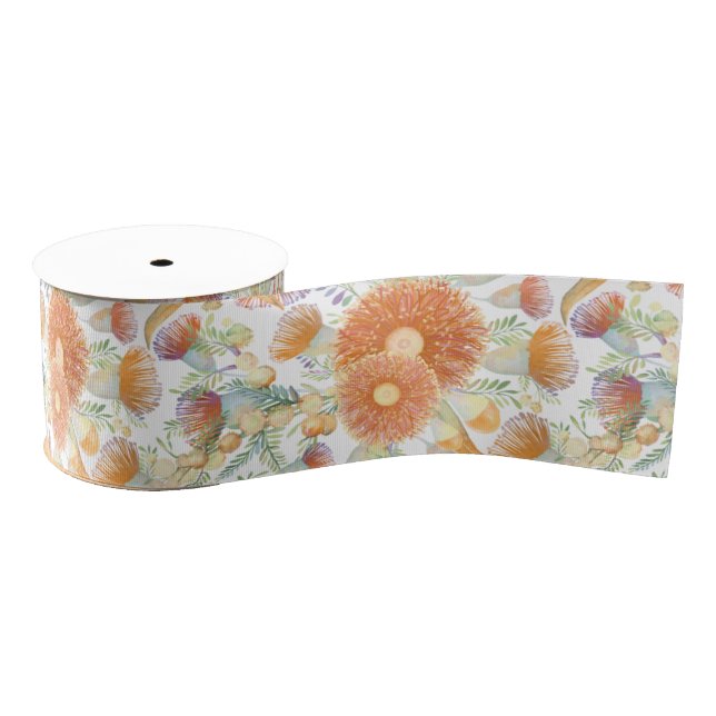 Sunburnt Wattle and Eucalyptus Blooms Grosgrain Ribbon (Spool)