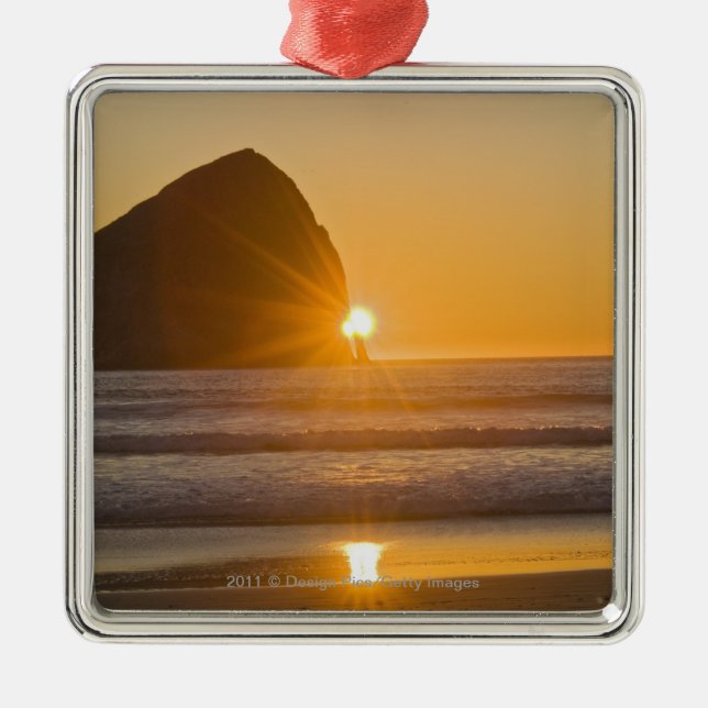 Sunburst And Haystack Rock At Cape Kiwanda Metal Tree Decoration (Front)