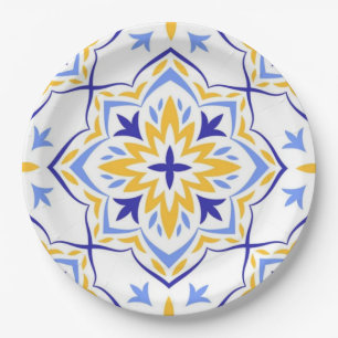Sunburst Bloom Elegant Blue Gold Floral Mosaic  Paper Plate
