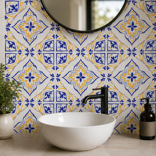 Sunburst Bloom Elegant Blue Gold Floral Mosaic  Tile