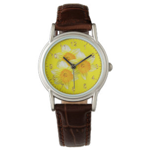 Sunburst Golden Daffodils, Ladies Leather Watch