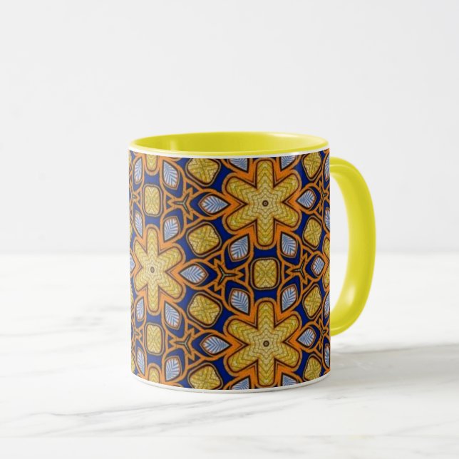 Sunburst Mosaic Floral Mug with Black Interior (Front Right)