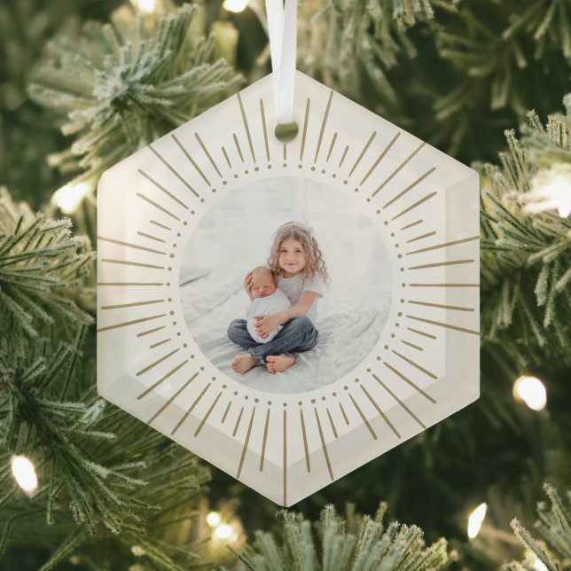 Sunburst Personalised Photo | White and Gold Glass Tree Decoration (Insitu)